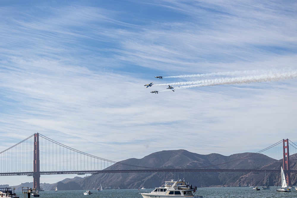 U.S. Navy Flight Demonstration Squadron, the Blue Angels, perform aerobatic formation maneuvers over San Francisco