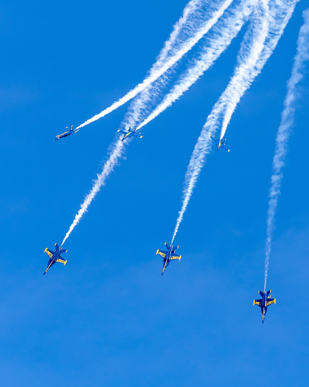 U.S. Navy Flight Demonstration Squadron, the Blue Angels, perform aerobatic formation maneuvers over San Francisco