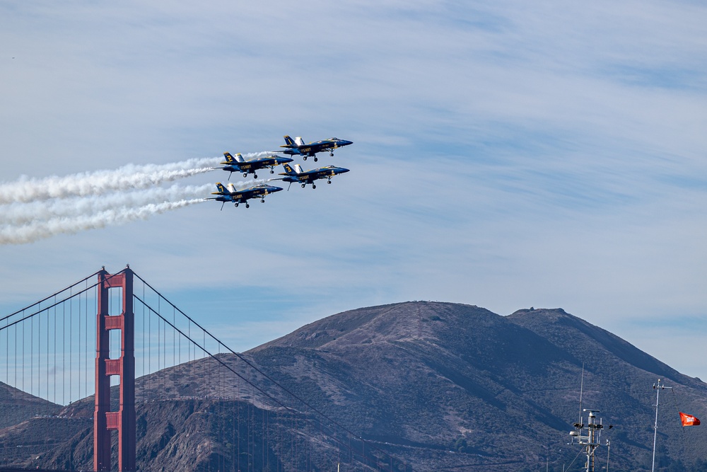 U.S. Navy Flight Demonstration Squadron, the Blue Angels, perform aerobatic formation maneuvers over San Francisco