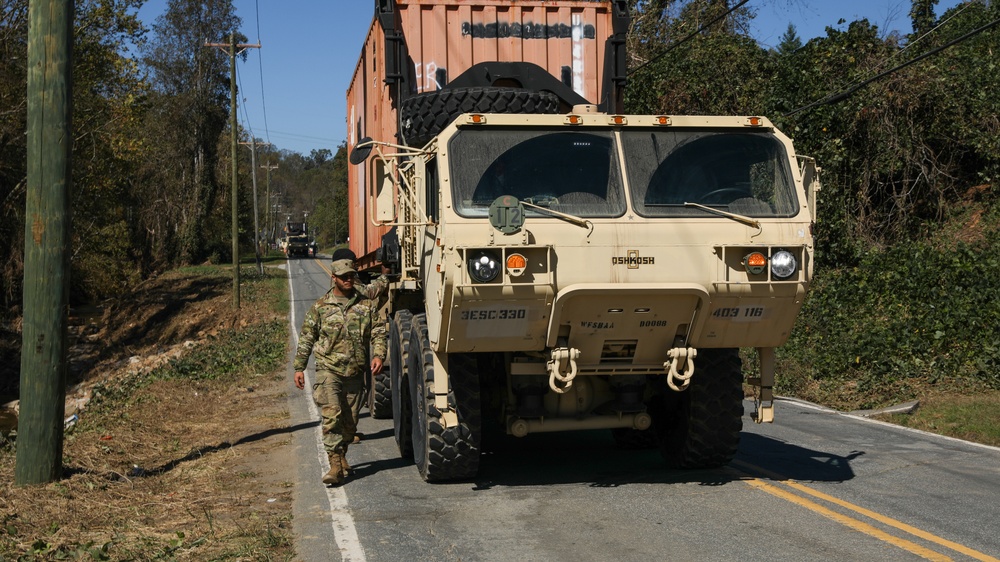 3rd Expeditionary Sustainment Command unload shipping containers in Fairview, North Carolina