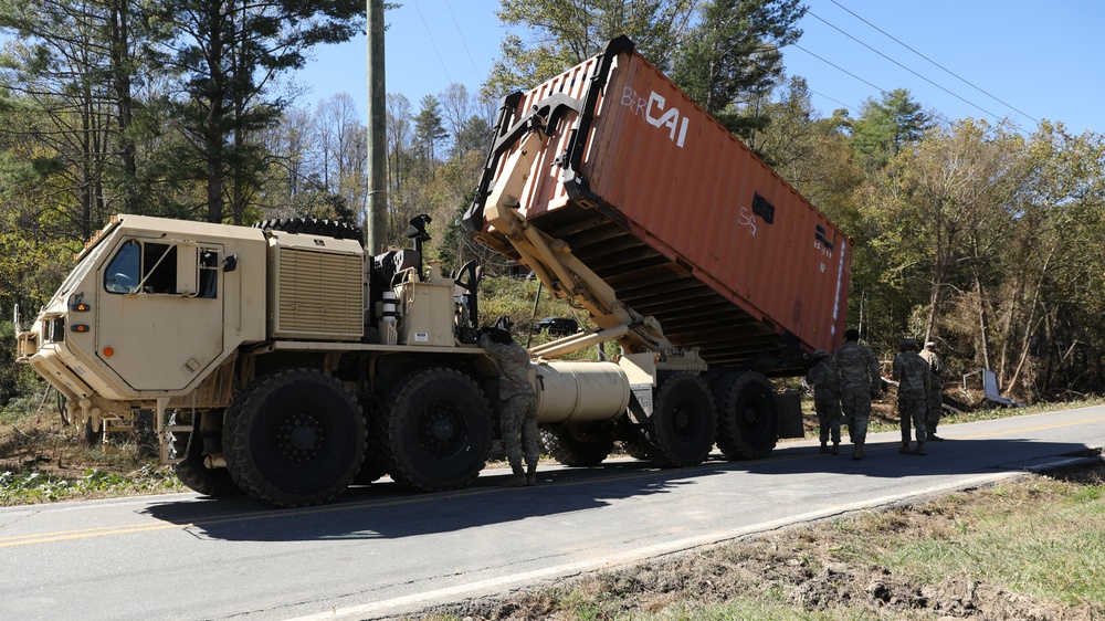 3rd Expeditionary Sustainment Command unload shipping containers in Fairview, North Carolina