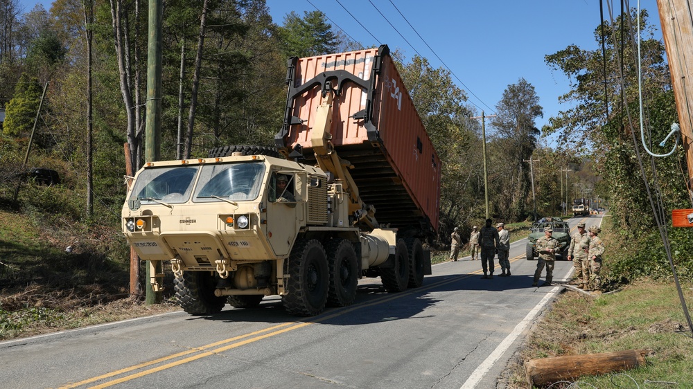 3rd Expeditionary Sustainment Command unload shipping containers in Fairview, North Carolina