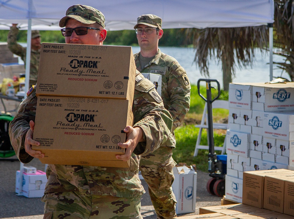 Florida Army National Guard mortarmen distribute emergency supplies after Hurricane Milton