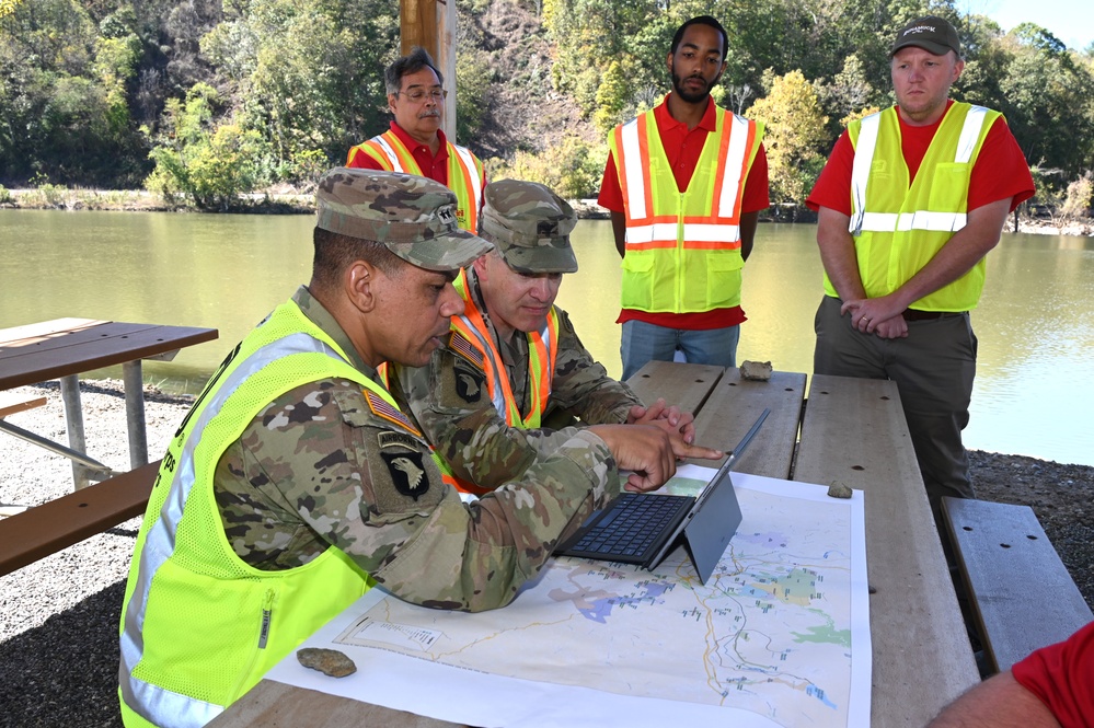 Corps of Engineers personnel review Task Force Water efforts during Hurricane Helene recovery