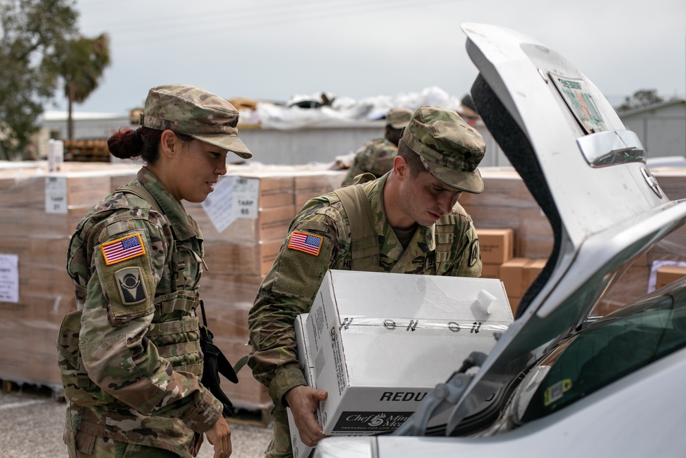 Soldiers with the Florida Army National Guard's 3rd Battalion, 265th Air Defense Artillery Regiment operate a point of distribution site in Palmetto Florida