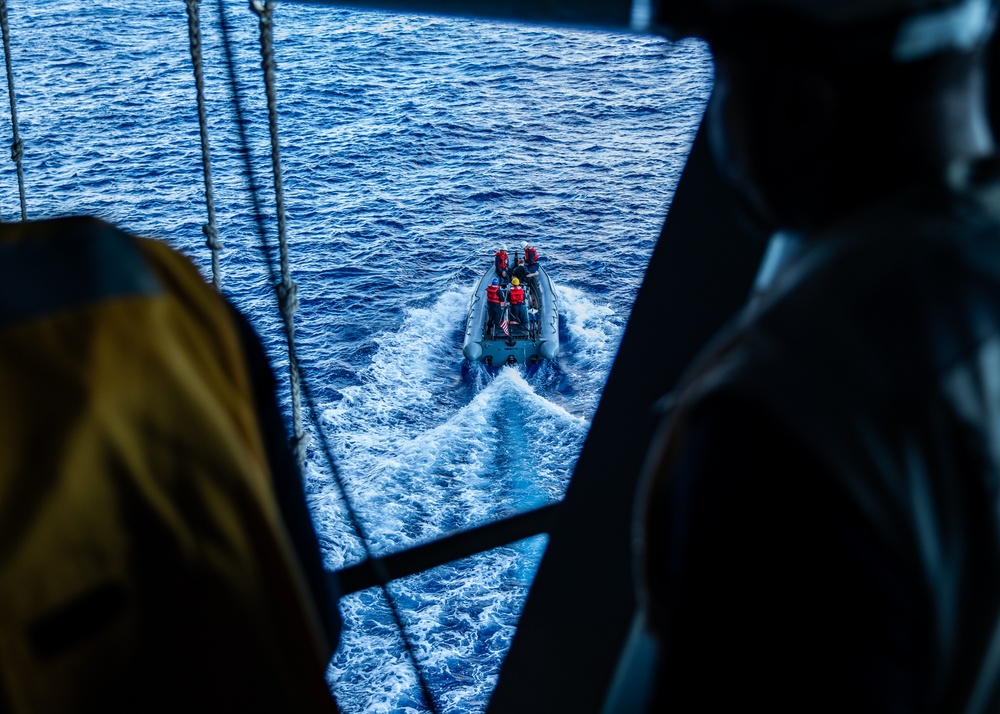USS George Washington Sailors launch a rigid-hull inflatable boat while underway