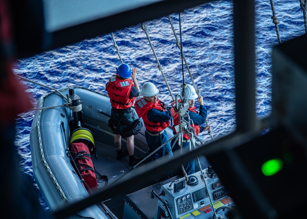 USS George Washington Sailors launch a rigid-hull inflatable boat while underway