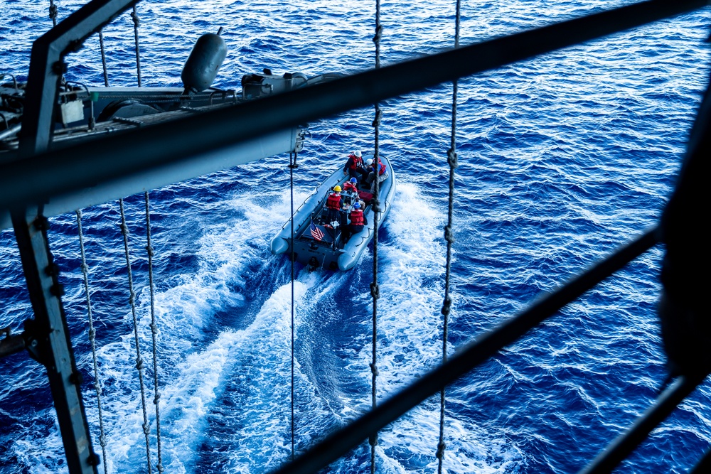 USS George Washington Sailors launch a rigid-hull inflatable boat while underway