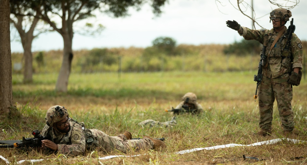 Echo Company, Forward Support Company, 65th Engineer Battalion (Wheeled), 25th Division Sustainment Brigade, 25th Infantry Division, conducts react to fire during JPMRC 25-01