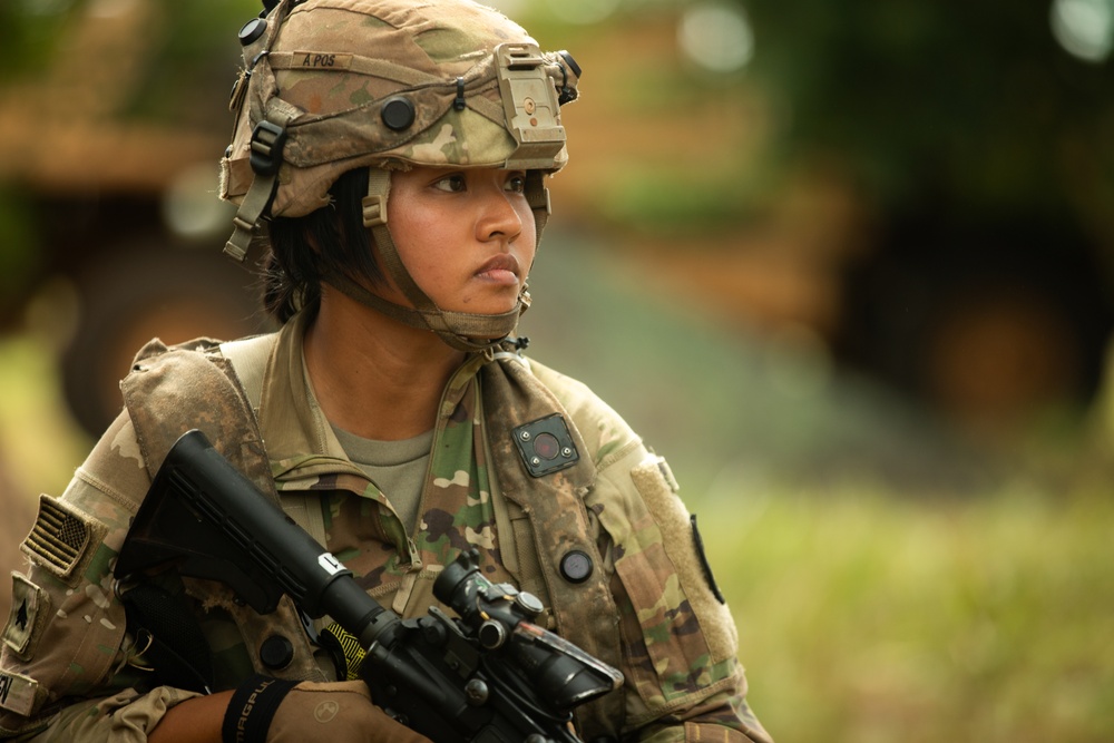 Echo Company, Forward Support Company, 65th Engineer Battalion (Wheeled), 25th Division Sustainment Brigade, 25th Infantry Division, conducts react to fire during JPMRC 25-01