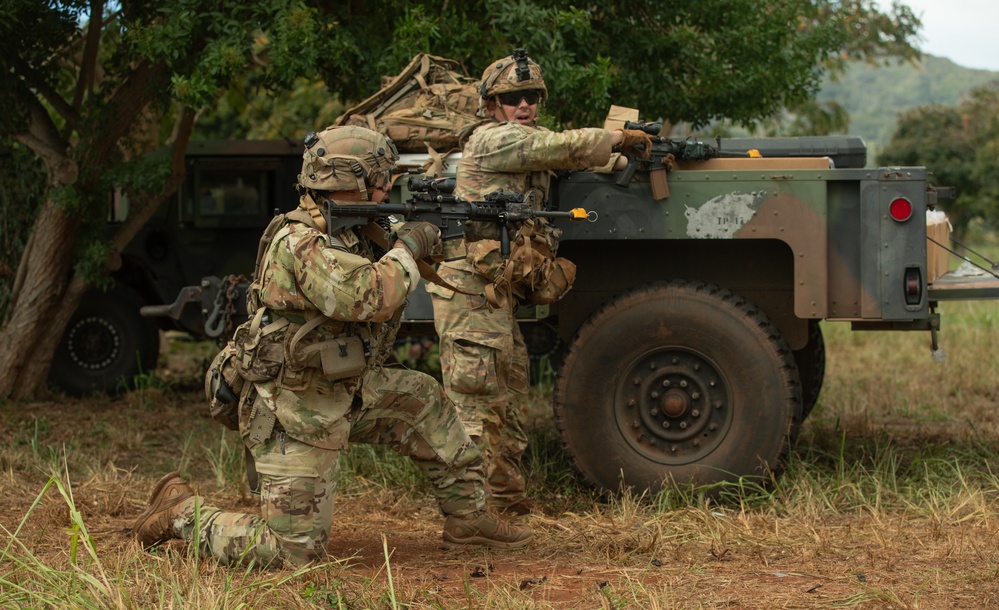 Echo Company, Forward Support Company, 65th Engineer Battalion (Wheeled), 25th Division Sustainment Brigade, 25th Infantry Division, conducts react to fire during JPMRC 25-01