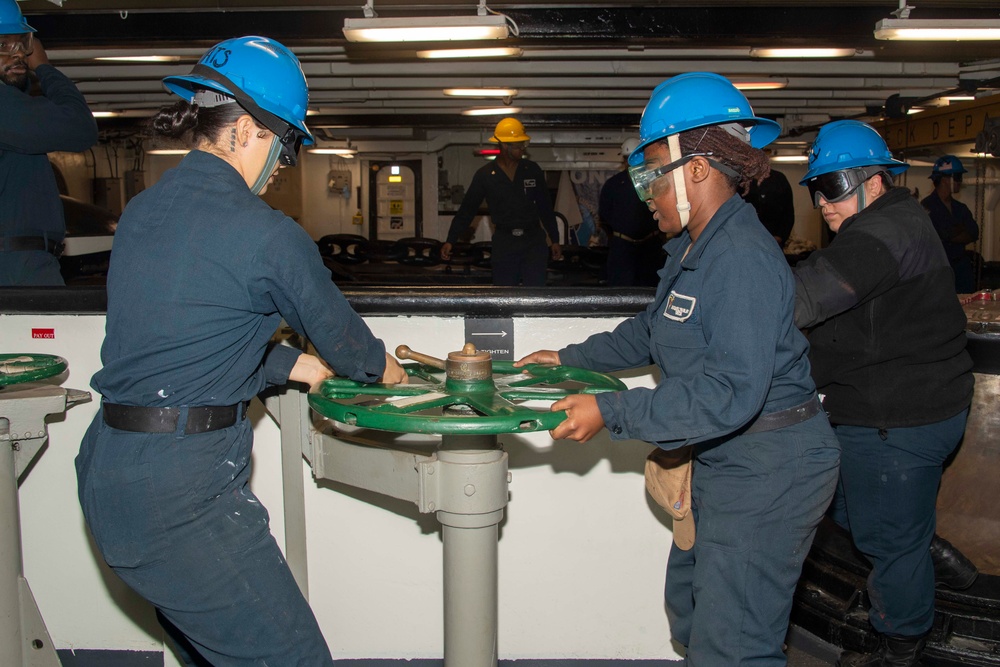 Sailors Turn the Break Wheel to Lower the Anchor