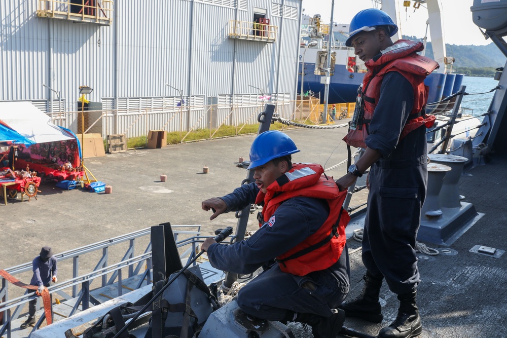 Sailors aboard the USS Howard conduct Sea and Anchor during Sama Sama 2024 in Subic, Philippines