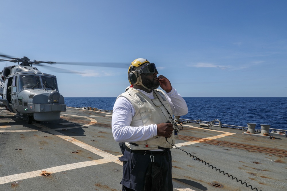 USS Howard conducts flight quarters with an AgustaWestland AW159 Wildcat helicopter from the BRP Jose Rizal during Sama Sama 2024 in the South China Sea