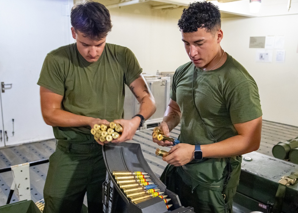 VMM-165 (Rein.) Marines Conduct Aviation Ordnance Ops Aboard USS Miguel Keith