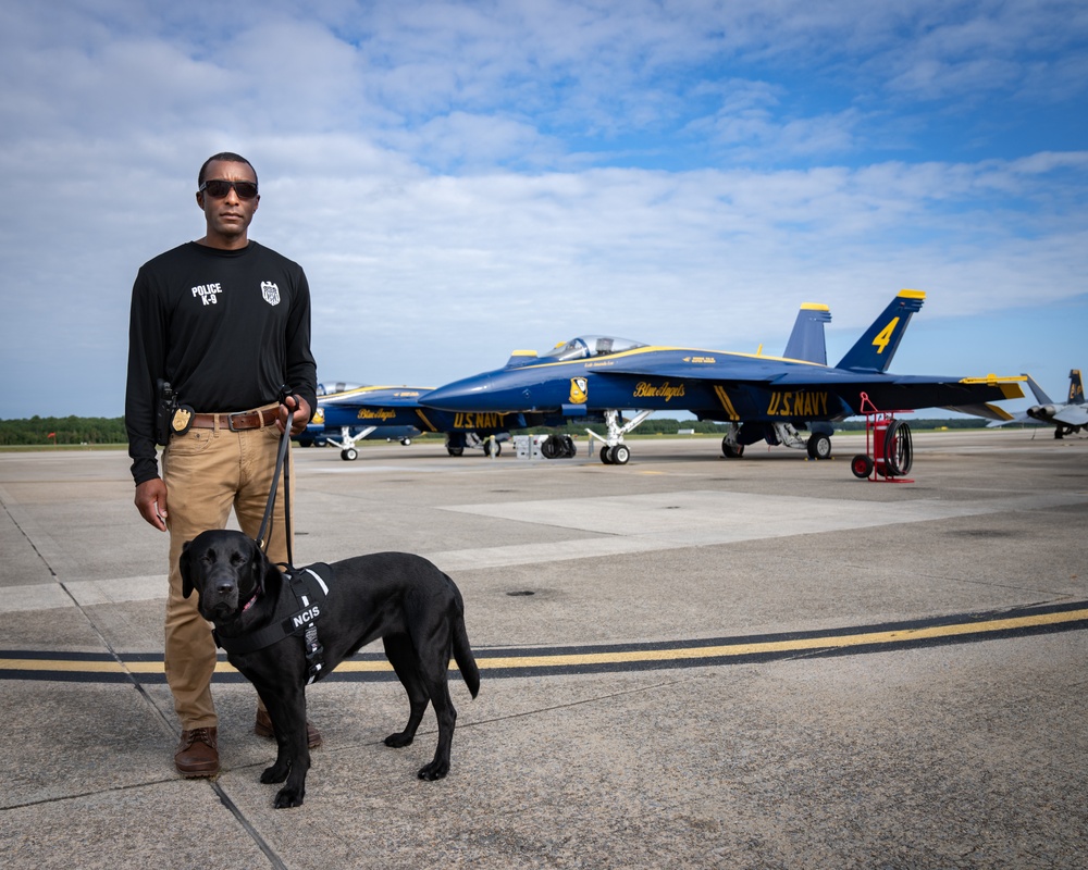 Naval Criminal Investigative Service (NCIS) Special Agent (SA) David Lawhorn and his K-9 companion Jill around the flight line with F-18 Hornets and the U. S. Navy's Flight Demonstration Team, Blue Angels