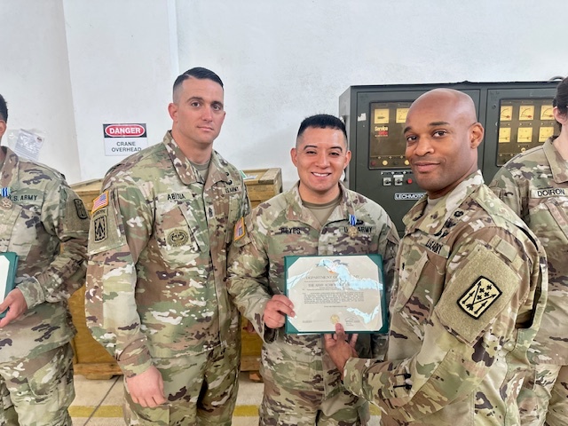 1-57th ADAR Battalion Commander and Command Sgt. Maj. holds a morning formation to award soldiers for their actions within the Battalion