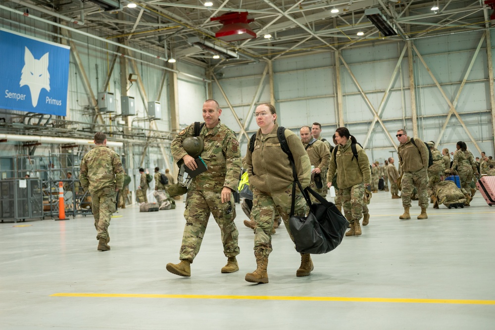 169th Fighter Wing Mock Deployment Bag Drag in hanger