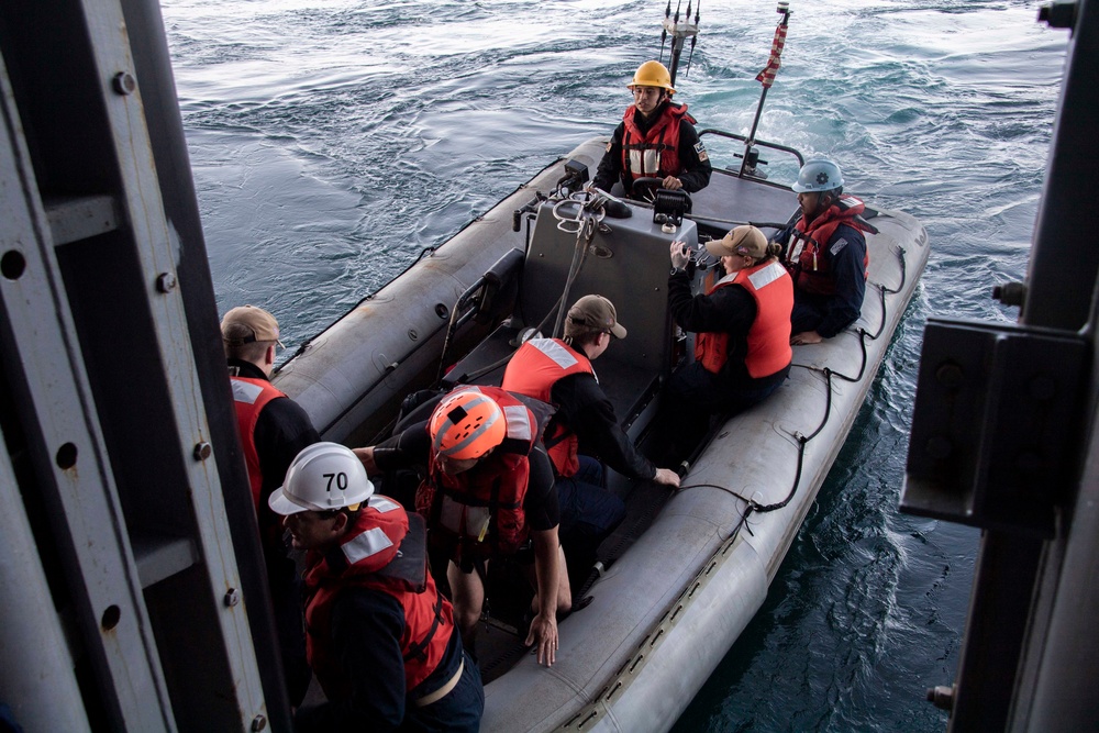 Sailors assigned to Nimitz-class aircraft carrier USS Carl Vinson (CVN 70) board a rigid-hull inflatable boat