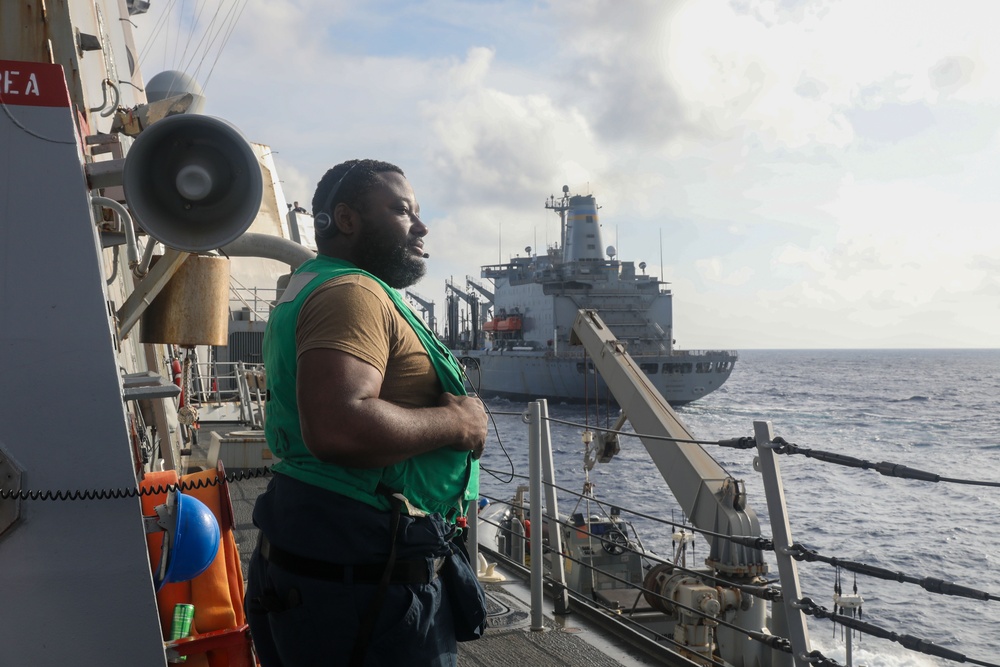 Sailors aboard the USS Howard conduct a replenishment-at-sea with the USNS Rappahannock in the South China Sea