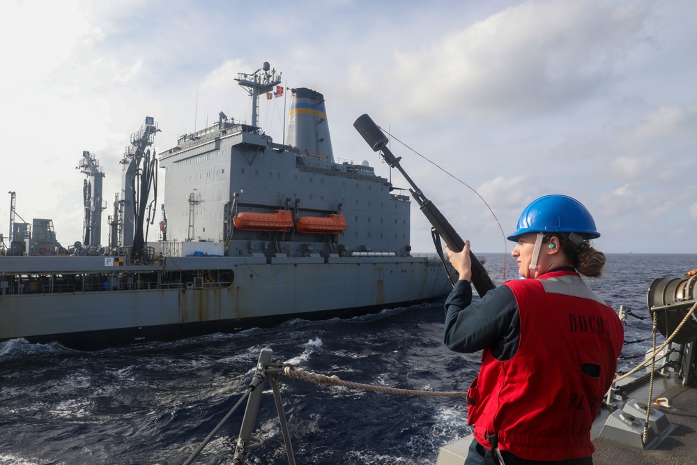 Sailors aboard the USS Howard conduct a replenishment-at-sea with the USNS Rappahannock in the South China Sea