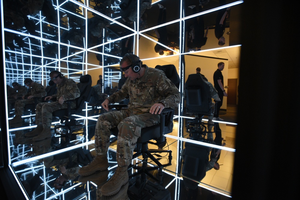 141st Air Refueling Wing Command Chief Master Sgt. Steven Webster tests the first ever Air National Guard owned MindGym, after its installation on October 3, 2024, at Fairchild Air Force Base, Washington.