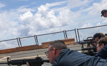 Sailors aboard the USS Howard conduct a small arms gunshoot in the South China Sea