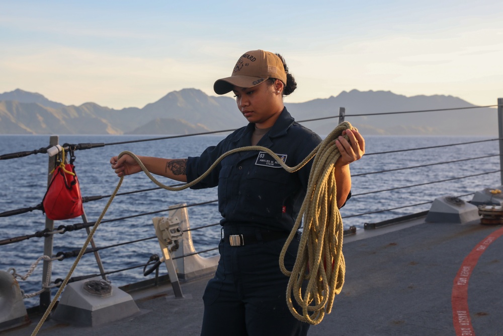 Sailors aboard the USS Howard conduct a sea and anchor detail in Subic, Philippines