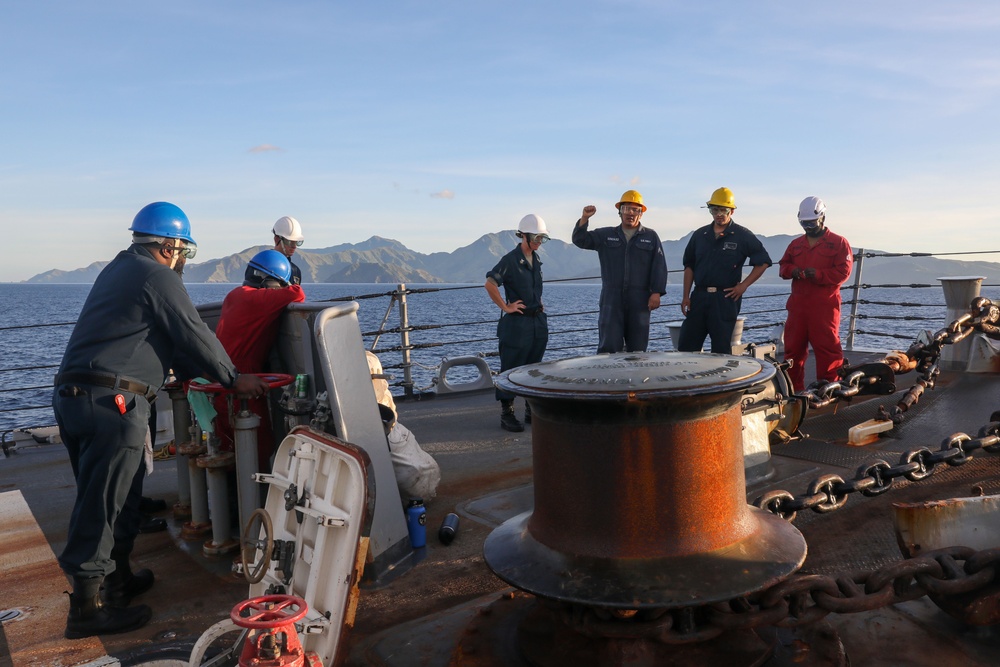 Sailors aboard the USS Howard conduct a sea and anchor detail in Subic, Philippines