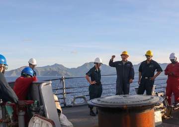 Sailors aboard the USS Howard conduct a sea and anchor detail in Subic, Philippines