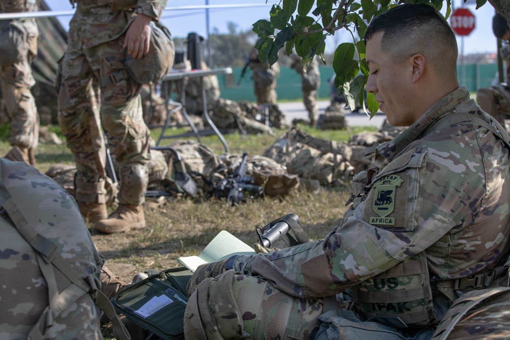 Soldiers practice resection and navigation techniques during E3B training