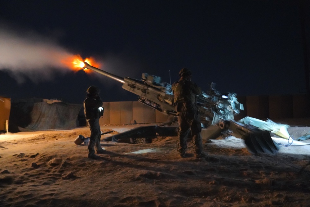 Charlie Battery, 3rd Battalion, 112th Artillery Regiment, New Jersey Army National Guard conducts live fire exercise in North East Syria