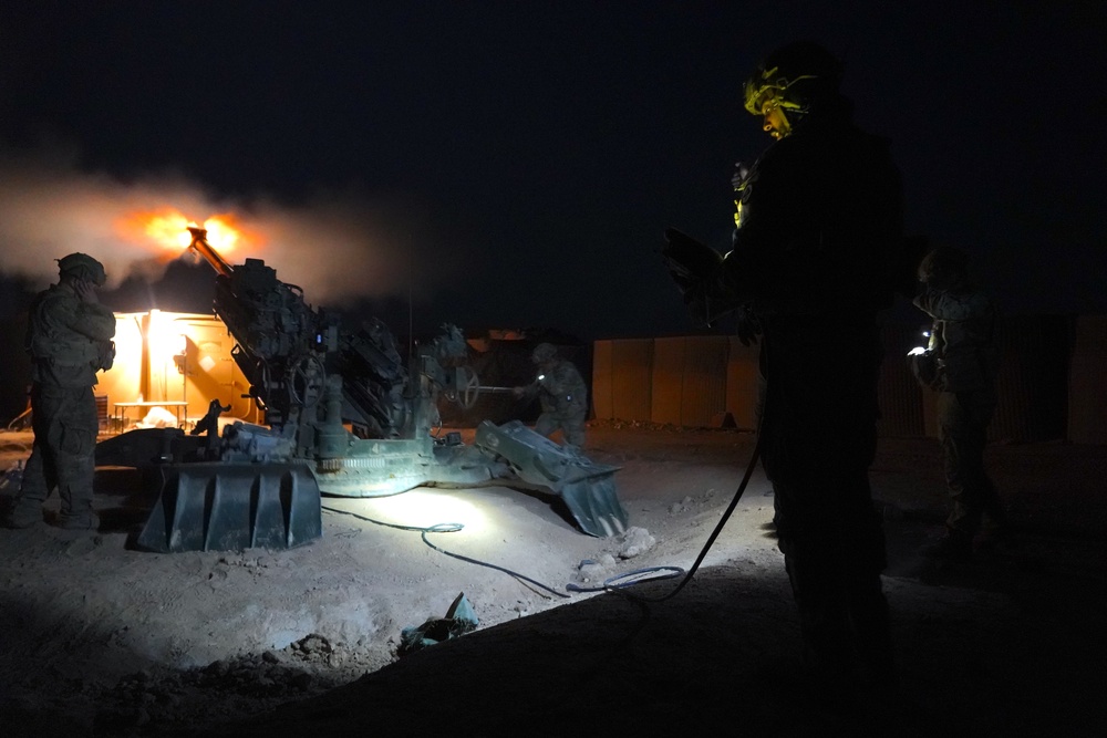 Charlie Battery, 3rd Battalion, 112th Artillery Regiment, 44th Infantry Brigade Combat Team, New Jersey Army National Guard, conducts live fire exercise in North East Syria