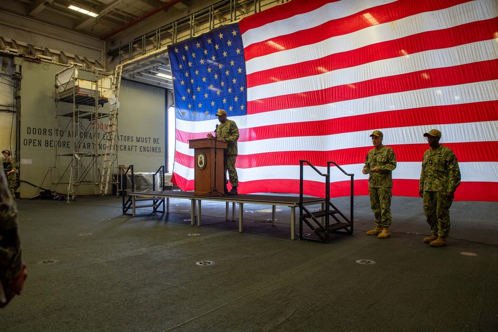 PACFLEET Holds Sasebo All Hands Call Aboard USS America (LHA 6)