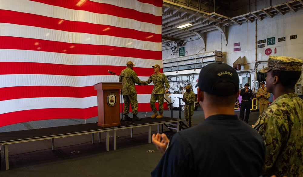 PACFLEET Holds Sasebo All Hands Call Aboard USS America (LHA 6)