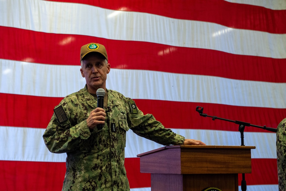 PACFLEET Holds Sasebo All Hands Call Aboard USS America (LHA 6)