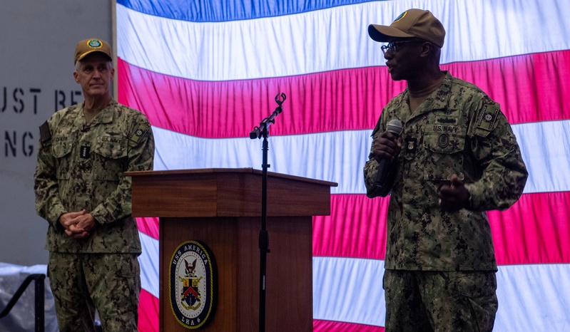 PACFLEET Holds Sasebo All Hands Call Aboard USS America (LHA 6)