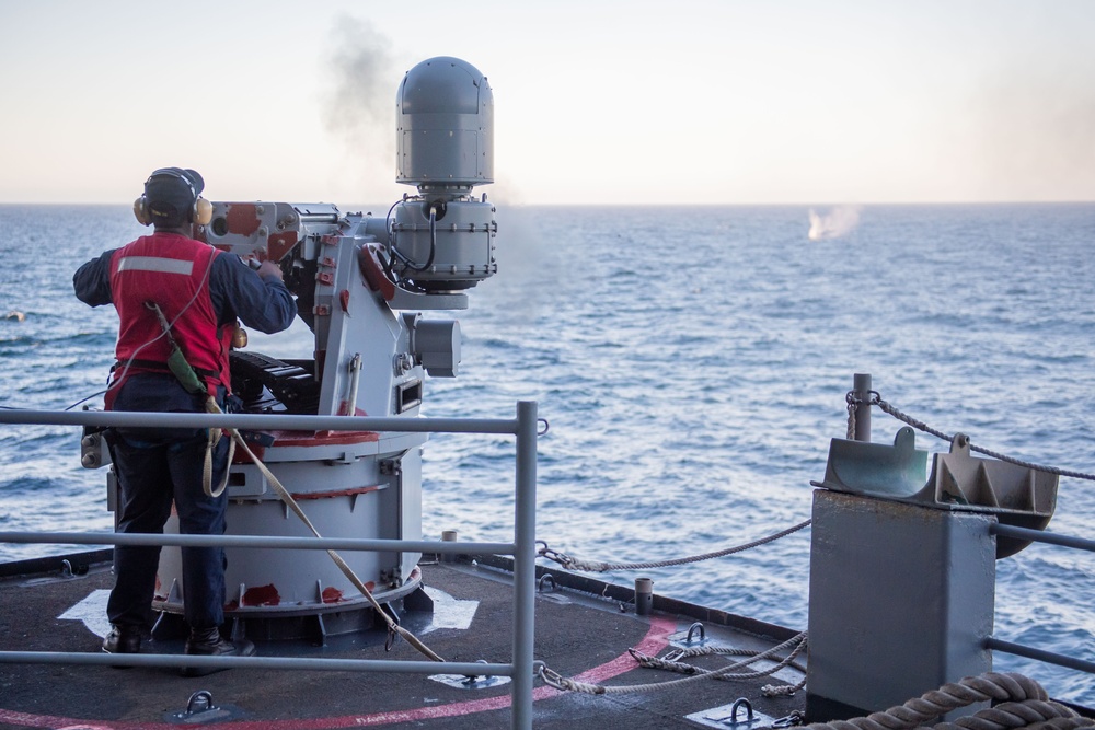 USS Ronald Reagan (CVN 76) fires MK38 machine gun