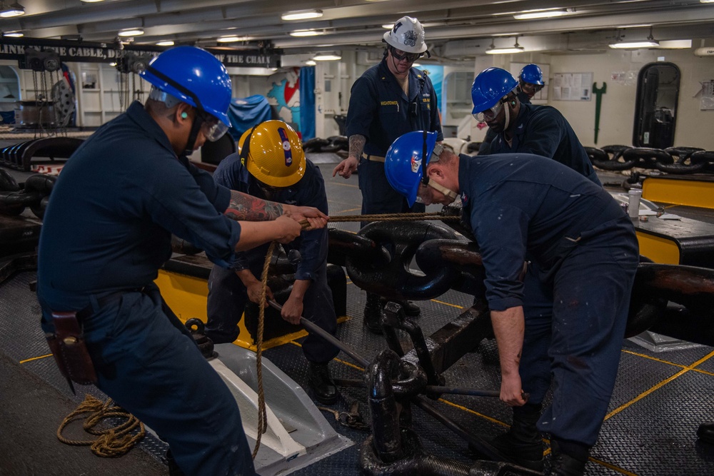 USS Ronald Reagan (CVN 76) Sailors perform an anchor drop test