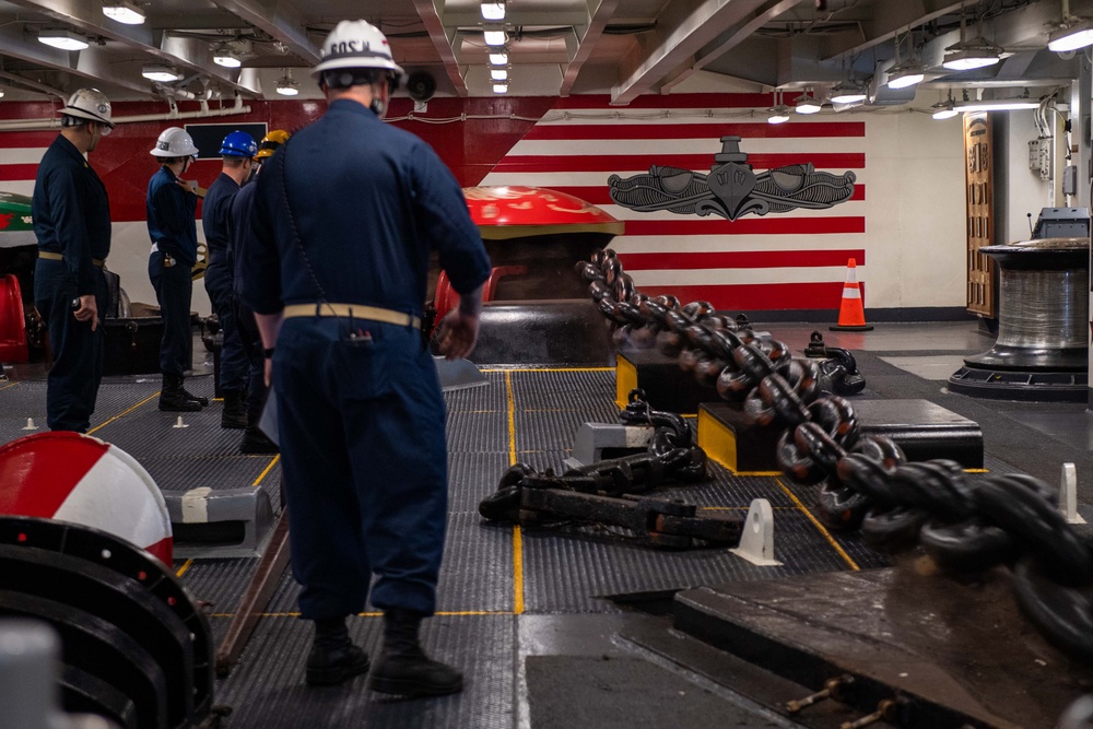 USS Ronald Reagan (CVN 76) Sailors perform an anchor drop test