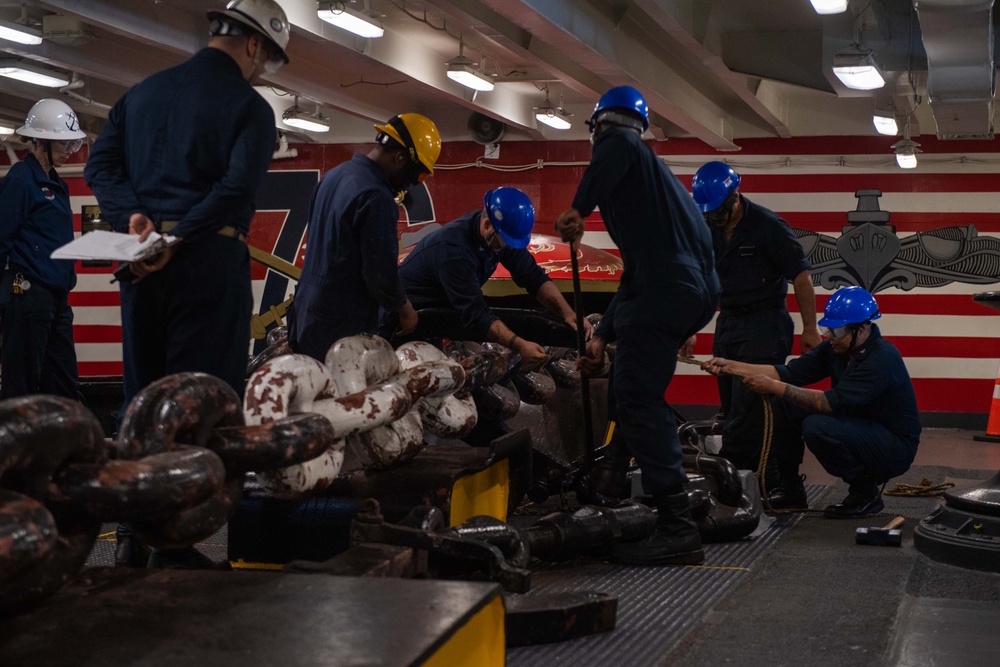 USS Ronald Reagan (CVN 76) Sailors perform an anchor drop test