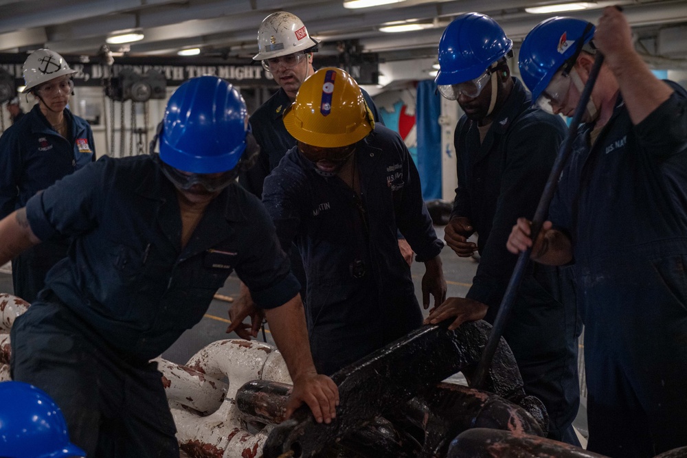 USS Ronald Reagan (CVN 76) Sailors perform an anchor drop test