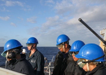 Sailors aboard the USS Howard conduct a sea and anchor detail in Yokosuka, Japan