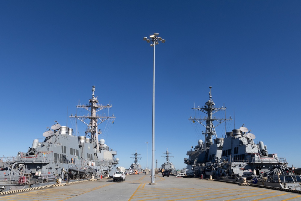 Gerald R. Ford Carrier Strike Group (GRF CSG) Destroyers Moor Pier Side at Naval Station Norfolk