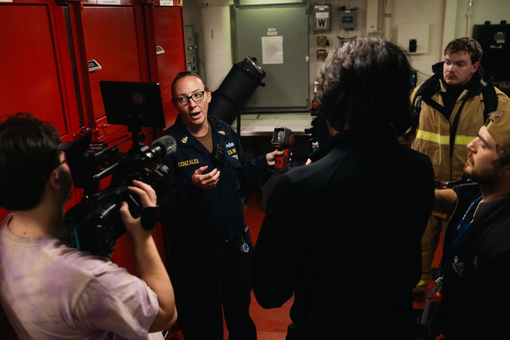 USS Gerald R. Ford (CVN 78) Damage Controlmen Demonstrate Firefighting Equpment to Reporters