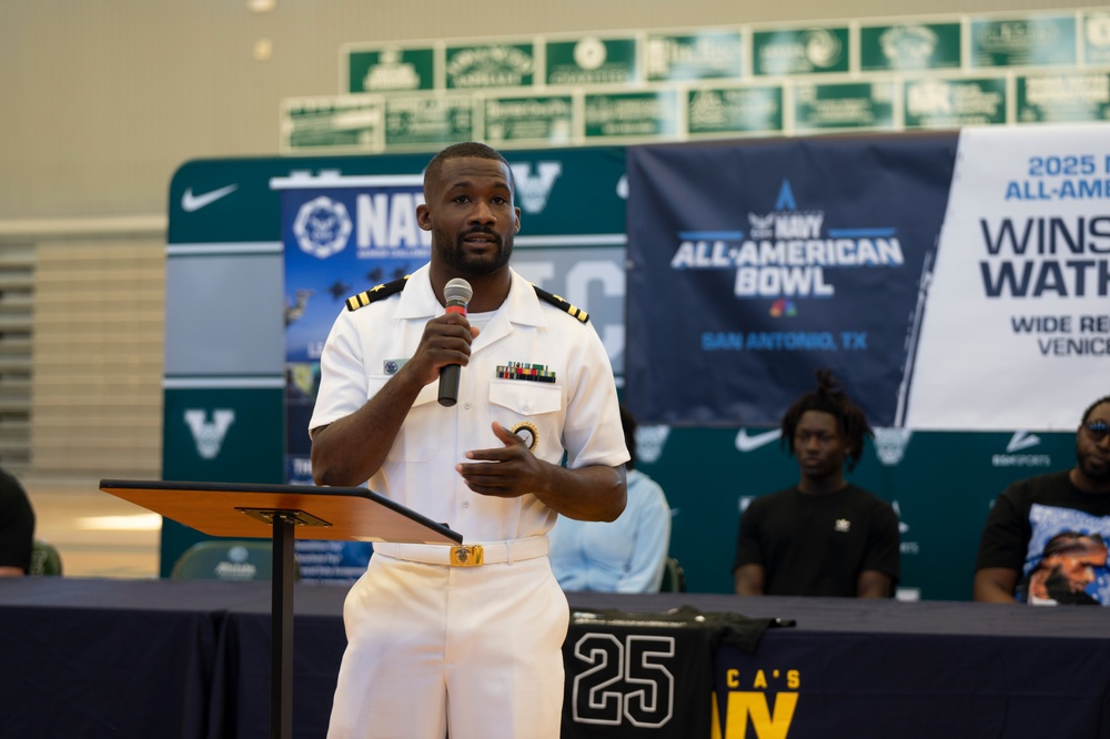 NTAG Miami Presents Wilson Watkins, Jr. with 2025 Navy All-American Bowl Jersey