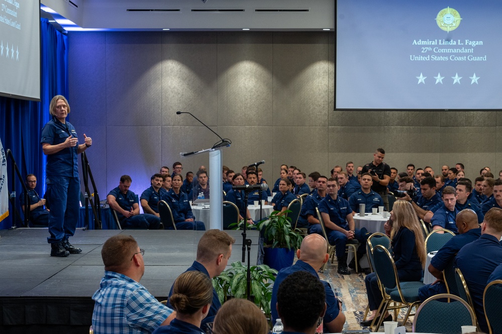 Commandant and Master Chief Petty Officer of the Coast Guard discuss service culture with crews in the greater Miami area