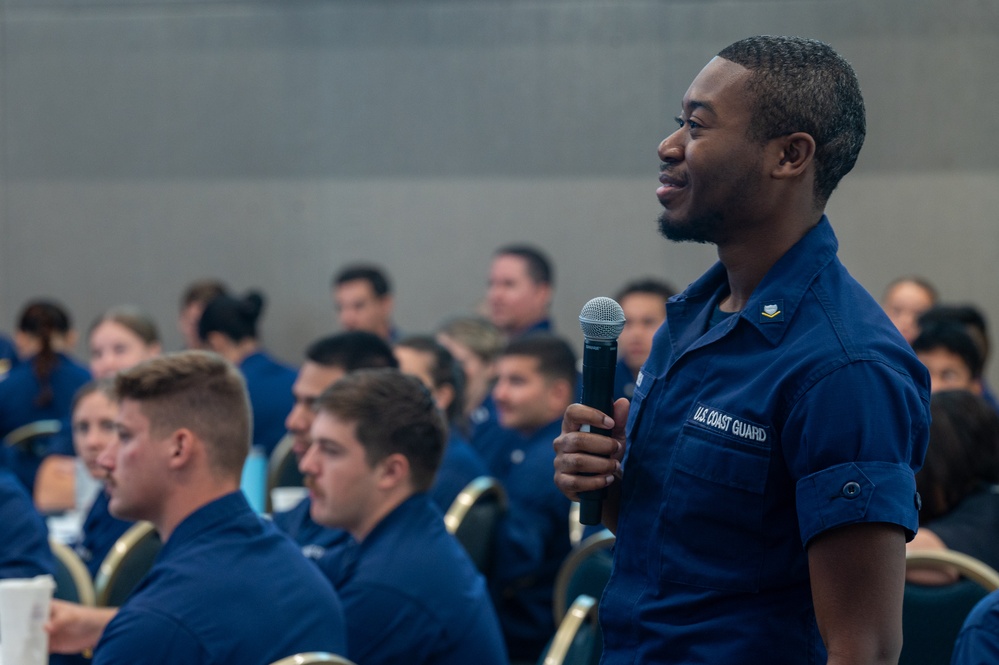 Commandant and Master Chief Petty Officer of the Coast Guard discuss service culture with crews in the greater Miami area