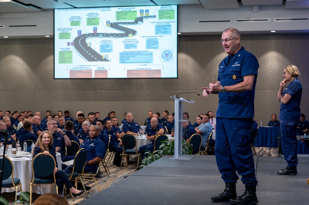 Commandant and Master Chief Petty Officer of the Coast Guard discuss service culture with crews in the greater Miami area