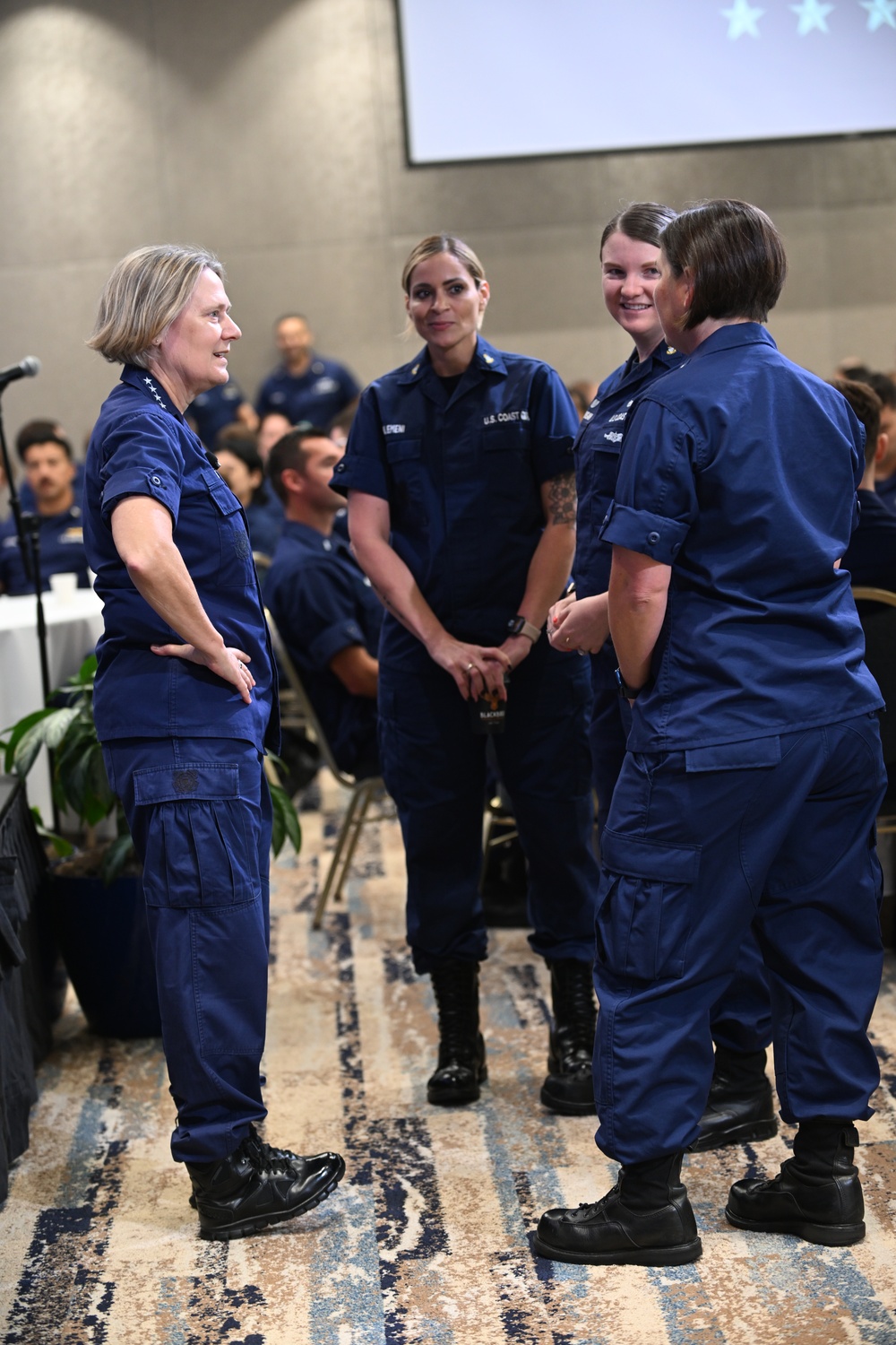 Commandant and Master Chief Petty Officer of the Coast Guard discuss service culture with crews in the greater Miami area